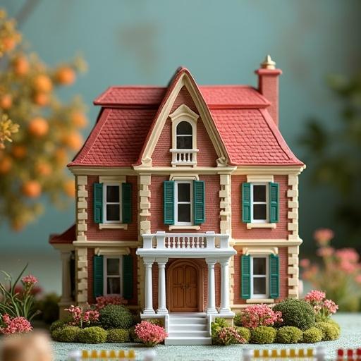 Miniature representing a lavish mansion with detailed architecture. A red YouTube button appears on the right at the top, followed by open bags of dollars. Surrounding area includes greenery and colorful flowers.