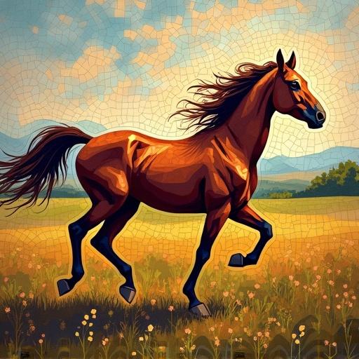Vibrant digital artwork in mosaic style of a horse galloping through a field. Individual mosaic tesserae with solid colors forming horse and landscape. Rich palette of natural browns and greens. Mood reflects depth and richness through geometric mosaic pieces.