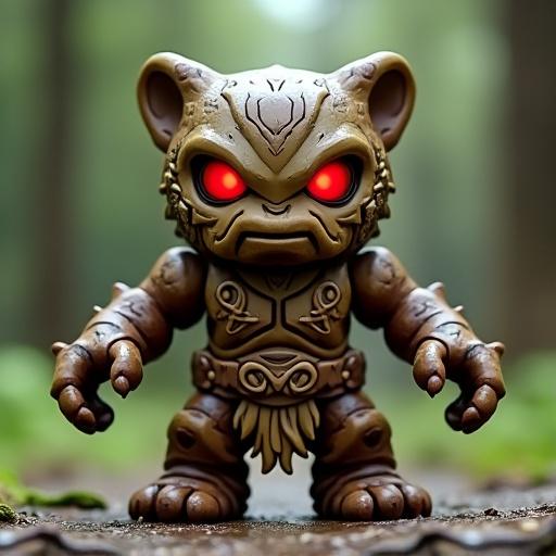 Design a fantasy cartoon monster toy inspired by Italian collectible figures. Bark Brute is the powerhouse of the Tribe of the Forest. Height is 10 cm. Thick bark-like armor with a mask and glowing red eyes. Molded without skin or muscles. Branch-like arms and a backplate with bark textures. Ability is Thundering Trunk Smash. Cartoonish PVC styling with glossy finish. Color palette includes dark brown, moss green, and translucent wood.