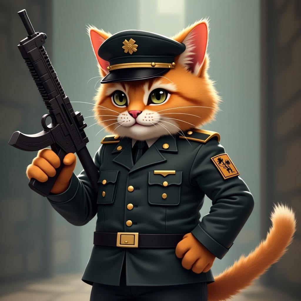 Image of a cat wearing military uniform holding a gun in Minecraft style.