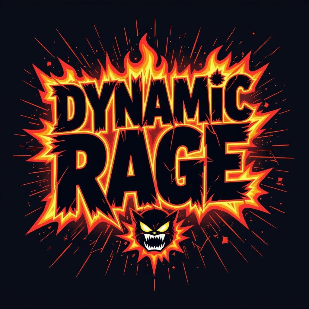 Dynamic rage text design features jagged bold letters. The letters embody raw anger. Flames and explosive bursts intertwine. Furious faces and cracked glass shards included. Colors glow with fiery reds and dark charcoal shadows. Electric energy radiates through text. Influences from urban street art and graffiti present. Composition shows chaotic motion and intense emotional impact.