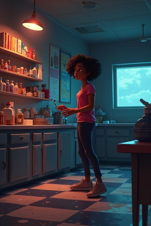 Animated crime scene depicting a young woman in a kitchen. She has dark curly hair and is standing near shelves filled with various food items. A dim orange light casts shadows creating a suspenseful atmosphere.