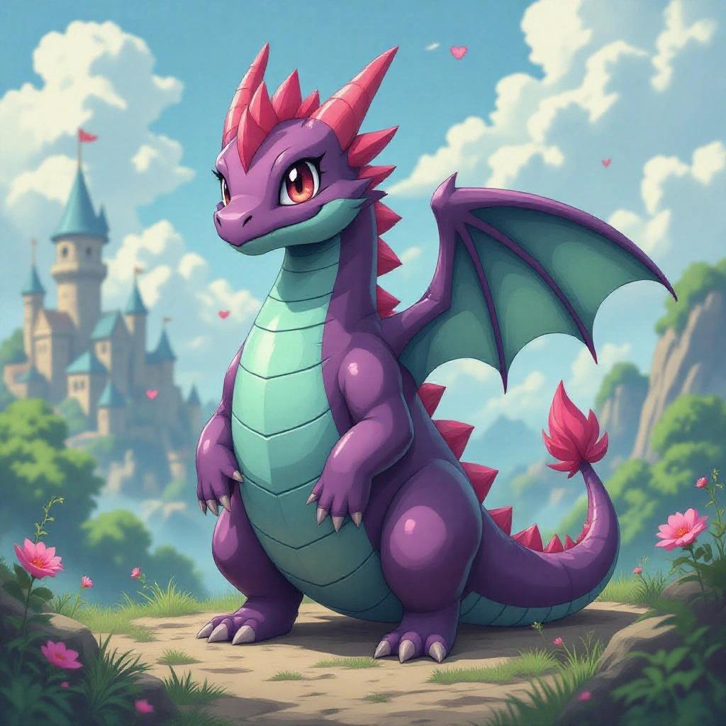 Depict a stylized purple dragon with cyan wings in a magical setting. Include five levels of Pokémon evolution showing a colorful and fantasy-themed design. The style should be hyper-realistic, avoiding medieval dragon designs.