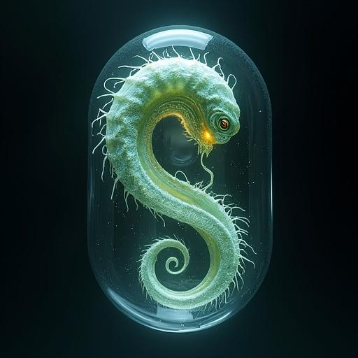 Alien lifeform shaped like a spiraling helix. Bioluminescent tendrils attached to body. Suspended in a fluid-filled containment pod. Soft translucent membranes cover the body. Glowing internal core visible. Sci-fi xeno-biology design. Symmetrical. Elegant appearance. Isolated on dark neutral background.