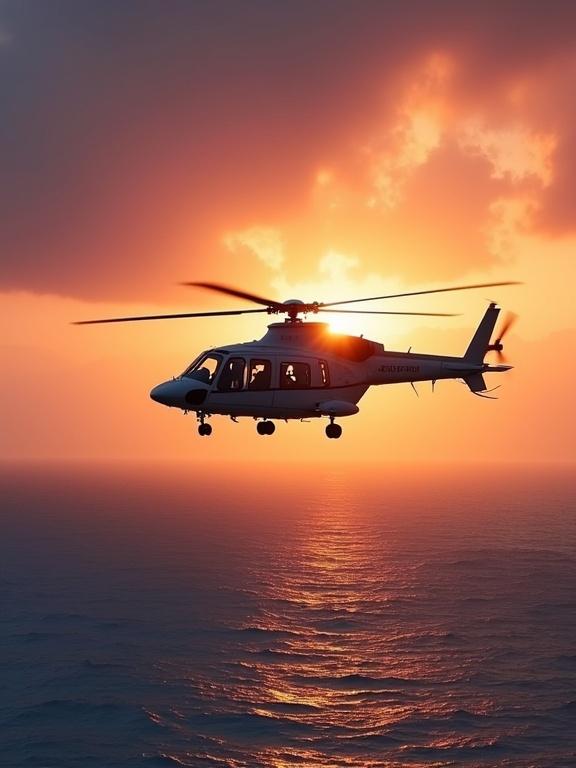Helicopter flying over the ocean at sunset. Soft light enhances silhouettes against the colorful backdrop. Dramatic ocean scene.