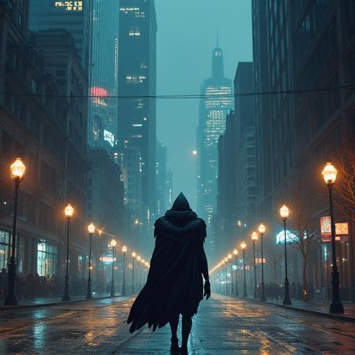Humanoid raven walking empty streets of large metropolis in the future after apocalypse at night. Dark silhouette against city skyline. Street lamps casting an eerie glow. Fog enveloping surroundings.