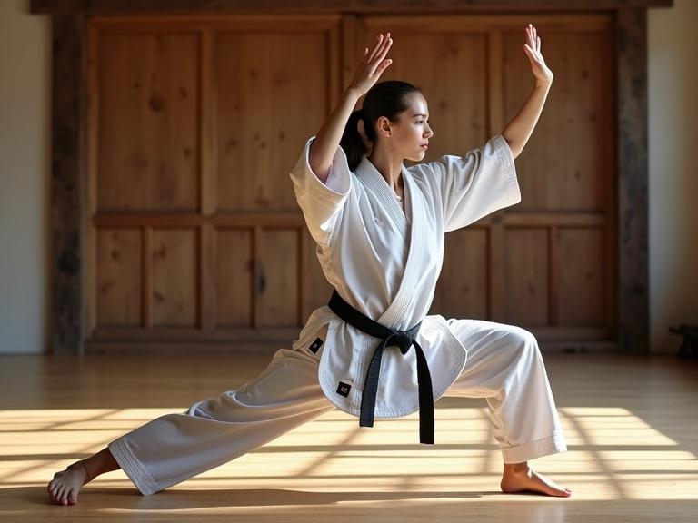 Female karate fighter in a karate gi poses in a yoga stance at the dojo. Natural light creates warm ambiance. The fighter demonstrates a blend of martial arts and yoga techniques.