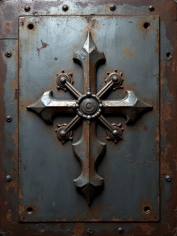 A huge steel wallpaper featuring a prominent decorative cross. The surface has a rustic texture with visible wear and metal elements.
