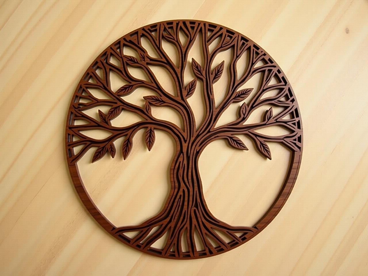 The image features a beautifully crafted wooden art piece resembling a tree. The design showcases intricate details of leaves and branches, all cut out of wood. With a circular shape, the tree's trunk is colored a deep brown while the leaves have a lighter tone, creating a striking contrast. This piece is set against a smooth wooden background, adding to its natural look. The craftsmanship appears meticulous, highlighting the beauty of wood as a material. The overall aesthetic is elegant and could serve as a lovely decoration for a home or office.