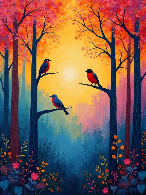 Vibrant forest scene featuring birds on trees. Decorative Fauvist art shows saxes of color with joyful and rhythmic elements. Background has stylized trees and vivid flowers. Evening sunlight radiates warmth. The art style employs gouache techniques with dreamy aesthetics.