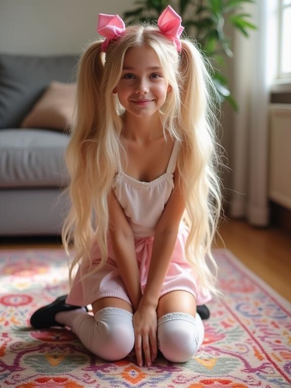 A teen with long blonde hair has pink bows. She kneels on a colorful rug in a soft-lit living room. She wears a crop top, a pale pink skirt, thigh-high socks with lace, and black shoes. She has a flirty smile and poses with her hands on her sides.