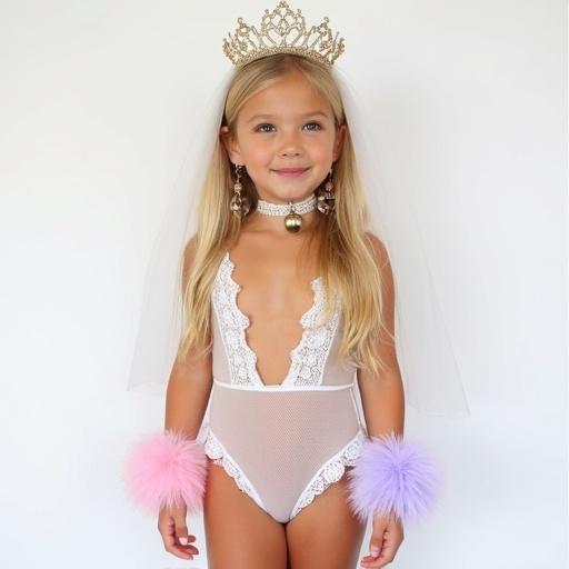 A girl with long blonde hair poses against a white backdrop. She wears a bridal mesh swimsuit with intricate lace. Accessories include a large choker featuring a gold cowbell and fluffy pastel bracelets. A playful sweetness defines her expression. A gold tiara rests on her head while a white veil adds elegance. Large earrings complement her look.