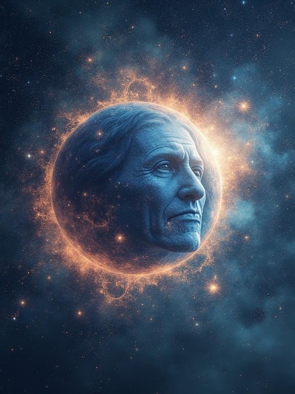 Ethereal cosmic art depicting a brilliant sphere with a cosmic sky swirling with stars. A mythical spirit's face, resembling a wise metis tribal man, merges with the sphere.