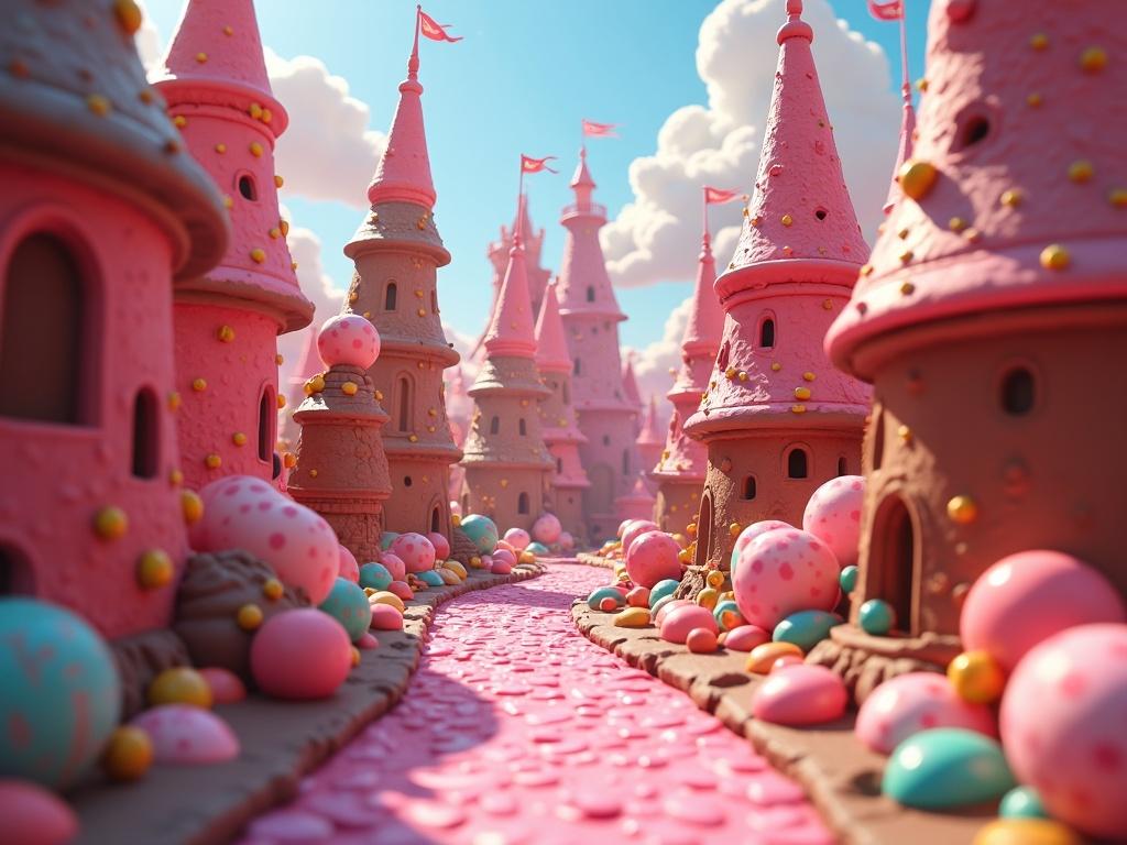 Disney inspired 3D digital illustration of a whimsical candy kingdom. Features chocolate castles, vibrant candy colors, and a playful atmosphere. Includes dynamic lighting and cel-shaded textures for a fun aesthetic.