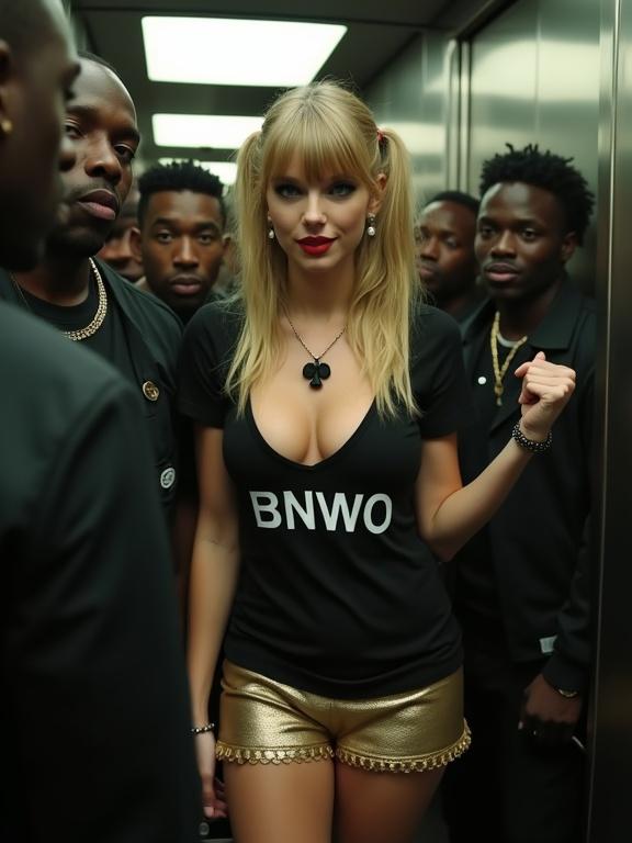 A woman with long blonde pigtails stands in a crowded elevator. She wears a black v-neck t-shirt with BNWO printed. Her shorts are gold and she has bright makeup. The scene is lively with other figures surrounding her. She poses and smiles for selfies. The lighting and setting emphasize contemporary style.