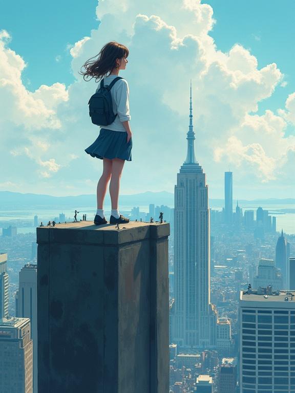 Illustration of a girl with a backpack standing on a tall building looking over the edge at a city skyline with clouds in the background.