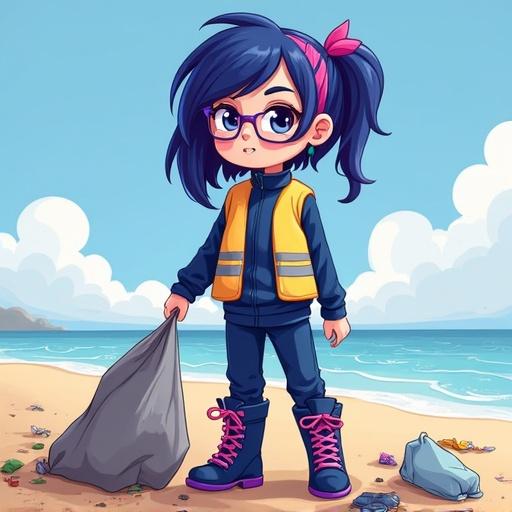 Twilight at the beach. Girl with glasses and navy-blue hair. Pink and purple stripe in hair. Wearing a hi-visibility vest. Navy-blue school track top and pants. Knee-high navy-blue hiking boots. Picking up litter and rubbish.