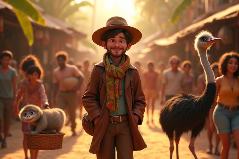 Vibrant jungle village at sunrise. Animals and humans coexist harmoniously. Dr. John Dolittle walks through bustling market. He greets Chi-Chi the gorilla and Plimpton the ostrich. Villagers smile warmly. Semi-realistic Pixar style with expressive faces. Bright tropical colors like pinks yellows and greens. 16:9 aspect ratio with glowing sunlight.