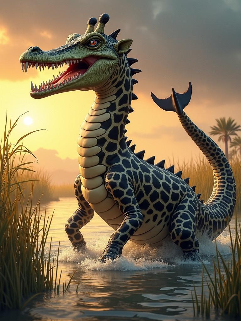 A hybrid creature combines a crocodile giraffe and dolphin. It has a menacing crocodile head with sharp teeth. A long neck with giraffe patterns and crocodile scales. The body has a dolphin tail and dorsal fin. The creature is in a marshland scene. Tall reeds and shimmering water are in the background. A dramatic sunset sky emphasizes the creature's dominance.