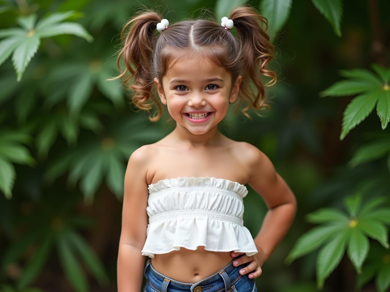 A beautiful little girl is posing in a front-facing stance. She has brown hair styled in pigtails and dark eyes that shine with mischief. Her lips are pink and add a cute touch to her smile. She is wearing a trendy strapless navel blouse that shows a hint of her midriff, paired with stylish denim mini-shorts. The background features lush greenery that enhances the vibrant vibe of the photo.