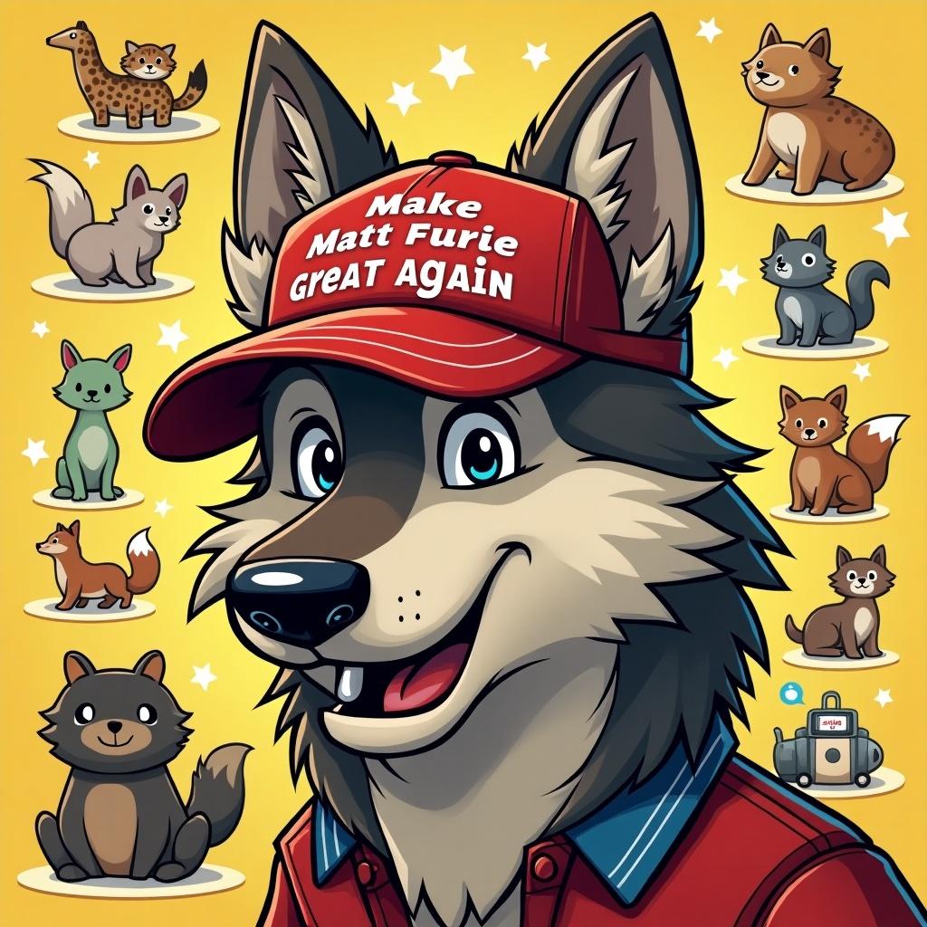 Illustration of a wolf character wearing a red cap with text. Surrounding the character are various cartoon animals. The background features a bright yellow color.