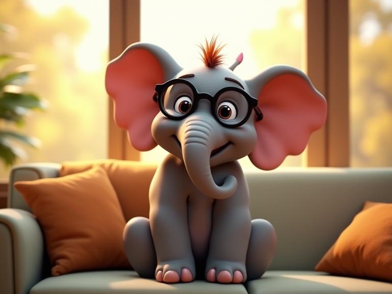 A happy cartoon elephant wearing glasses sitting on a couch. The setting is a sunny day with natural light streaming through the windows. The elephant has a cheerful expression and a chubby body. The decor is bright and inviting.