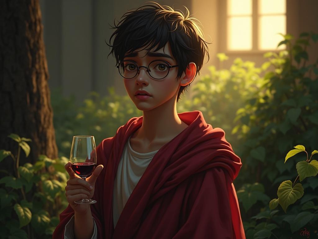 A young timid man with round glasses wearing robes stands outdoors amidst vines. He looks worried and pensive while holding a glass of wine. The scene features dynamic lighting that enhances the heroic fantasy atmosphere.