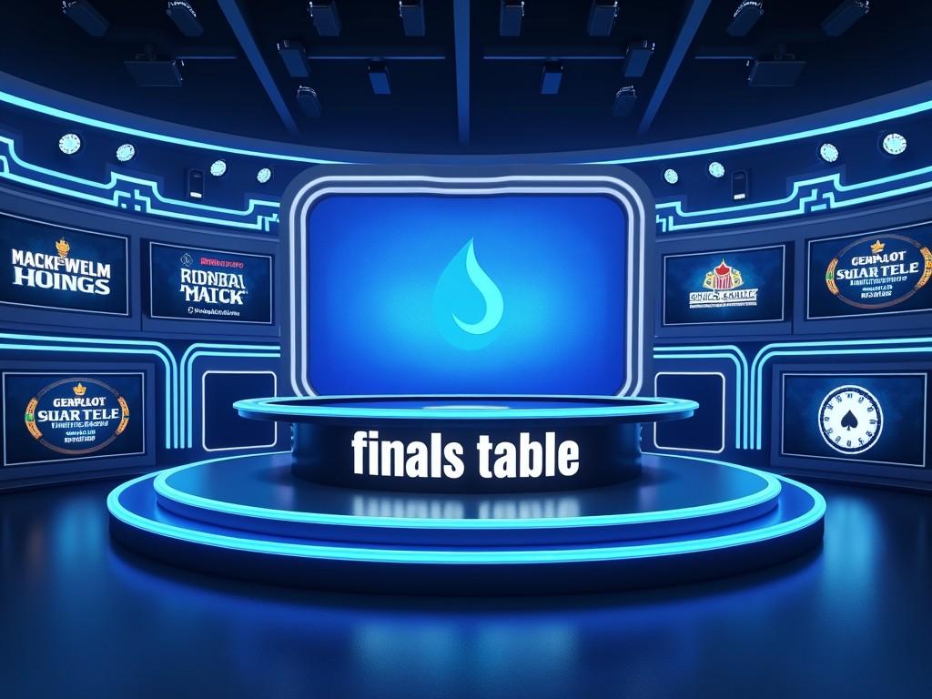 A digital representation of a futuristic esports stage with bright neon lights and dynamic displays. The center stage, labeled 'finals table,' is surrounded by screens showing logos and graphics, setting a competitive atmosphere. The blue and black color scheme adds a modern touch, highlighting the central screen with a stylized water droplet icon.