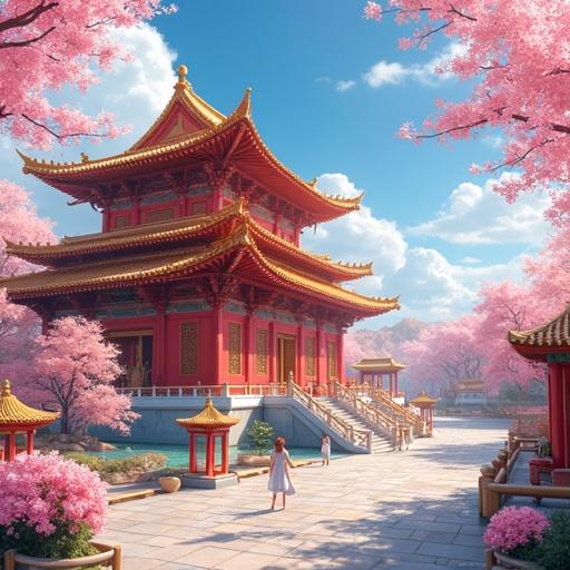 Anime style landscape of a luxurious royal palace district surrounded by cherry blossom trees. Set in a semi-futuristic Kanji kingdom during summer. Bright morning light illuminates the scene.