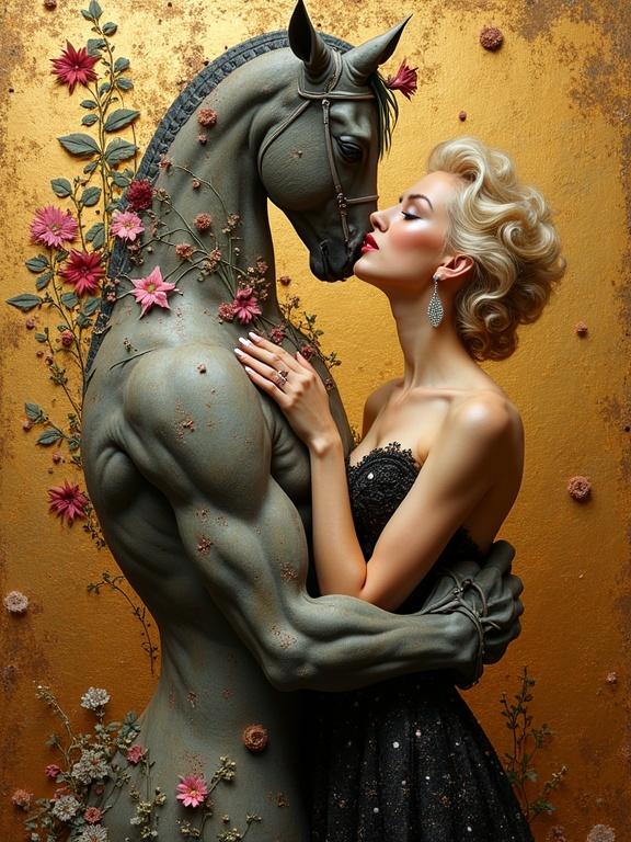 3D multi-layered mixed media artwork featuring a female figure and a horse model. Style blends classical motifs with modern whimsy. Detailed floral elements adorn both subjects. The composition exudes elegance and intimacy.