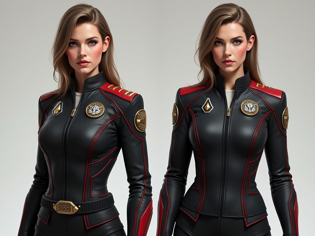 Create a realistic portrayal of a 35-year-old female character with tall and athletic body proportions. She has sandy brown hair, darker eyebrows, and blue-green eyes with moderately full lips, presenting a look that is more relatable than supermodel-like. Her sci-fi military uniform is crafted from a tough synthetic fabric, primarily black with a distinctive red stripe running across the shoulders and separating the tops from the chest and back. The shoulders are padded for extra protection, while the sides of her jacket and each cuff features red stripes. The outfit consists of a jacket worn over a white knit shirt with a flat collar, paired with pants that are practical for her role. Both shoulders display round patches; the left showcases a white sword over a gold shield with red accents, and the right features a three-headed gray wolf on a gold shield with black background. On her left breast, four small gold diamonds indicate her rank as Captain, while a gold shield-shaped comm-badge with a white sword is positioned on her right breast.