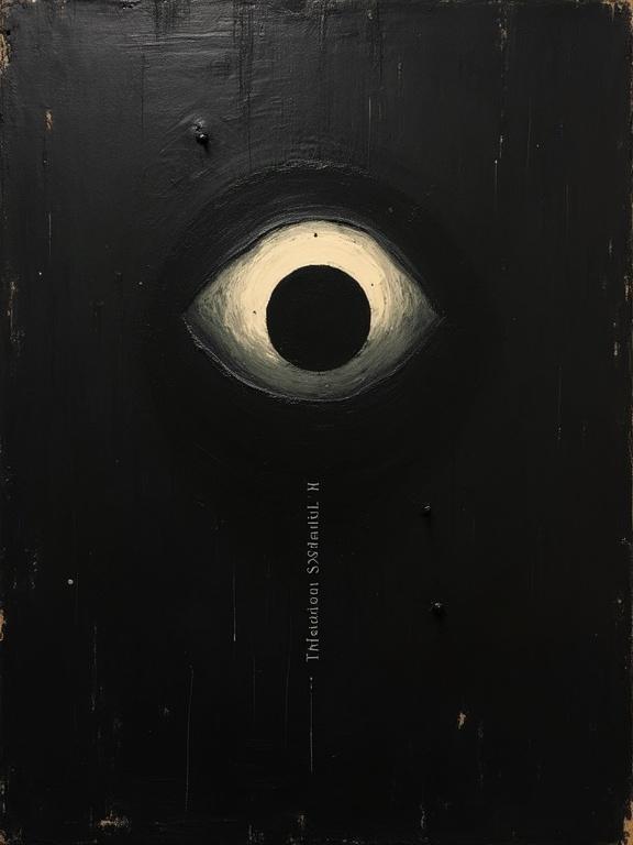 Rough oil painting on black background. Giant silhouette eye embedded at the top. Eye filled with cosmic void. Words at bottom conform to rural 70's town shape. Film grain and scratches present.
