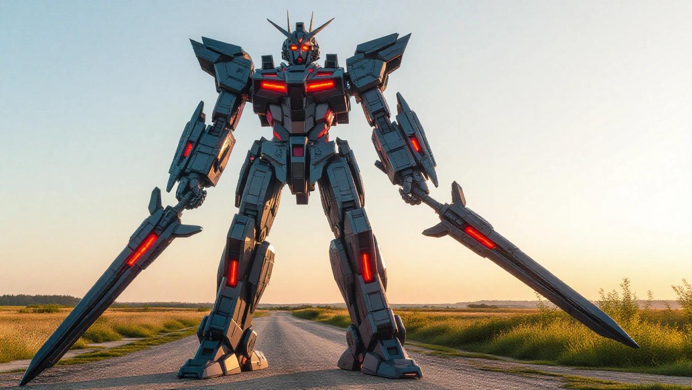 Realistic depiction of a giant mech standing 20 meters tall. Equipped with power swords. Dominant dark color scheme creates a striking appearance.