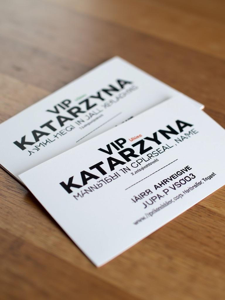 Close-up photo of two VIP membership cards. Each card displays Katarzyna as the name. Cards have a unique identification code and date. The cards are flat on a wooden surface. The front card shows clear VIP branding. Design features modern layout with distinct text styles.