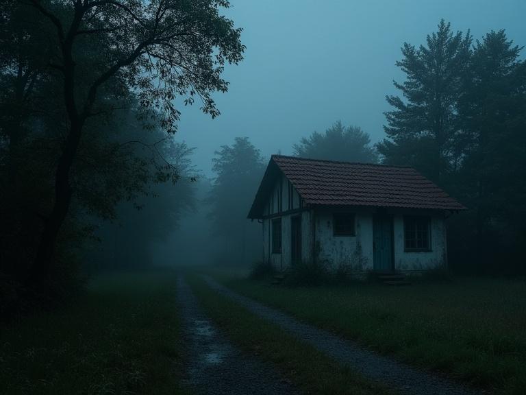 Abandoned old house in a gloomy forest. Dark and eerie atmosphere during nighttime. Photo captured using an old home camera.