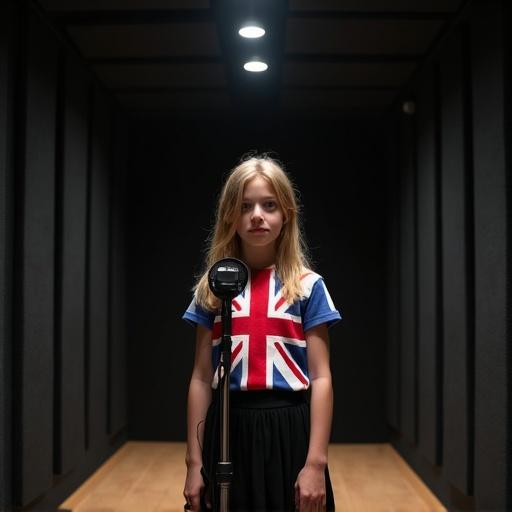 Image of a studio room with a microphone centered. Black soundproof walls and ceiling. Photorealistic depiction of a 12-year-old British girl in a black skirt and shirt with the UK flag. Girl looks directly at viewer. Bright environment with no shadows.