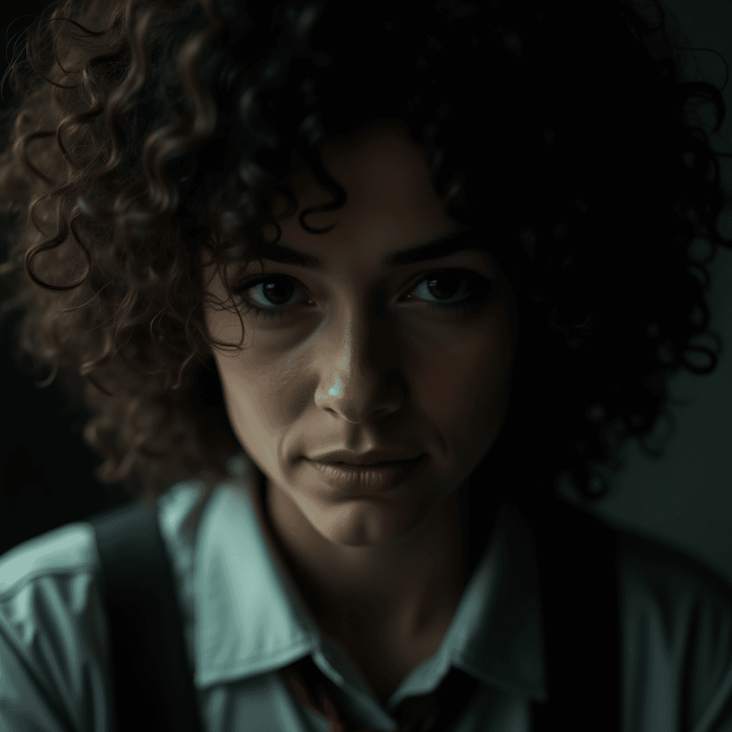 A close-up portrait of a person with curly hair, wearing a collared shirt and suspenders, captured in soft lighting.