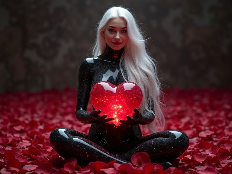 Beautiful woman in black marble catsuit with long white hair. Holding a glowing red heart-shaped crystal. Surrounded by red rose petals on a black marble surface. Happy expressive face illuminated by soft light.