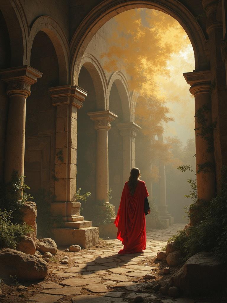 A figure in a red cloak stands beneath grand arches in a misty, ancient place. The light filters through the trees, creating a divine atmosphere.