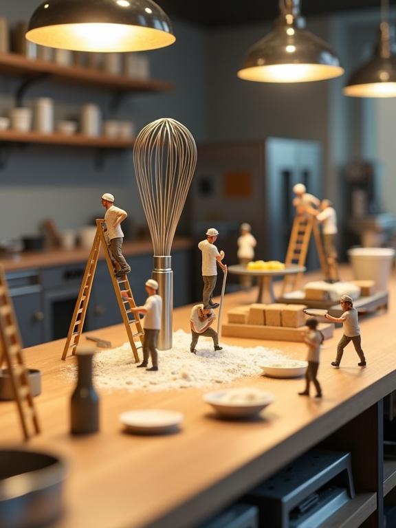 Vertical image for Instagram in a professional industrial kitchen. Miniature scene with tiny male and female figures. Oversized kitchen tools and appliances in focus. Figures on ladders by a giant whisk. Others carrying sacks of flour and trays of ingredients. Group using large tools like ladles and spatulas. Cleared wood surface with metal shelves and ovens in background. Warm studio light with soft shadows. Photorealistic and ultra-detailed style.