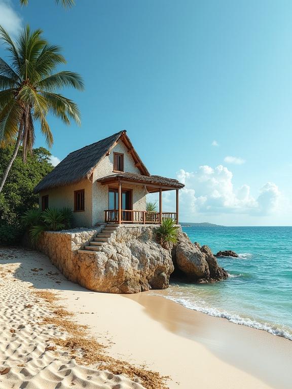 Small stone house on a rock at a sandy beach. House painted white and blue. Tropical scene with palm trees.