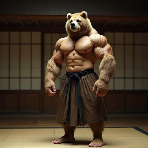 A muscular figure with a bear head. He is wearing a brown aikido kilt and a black belt. Barechested with thick pecs and abs. Muscles are hairy. Feet and ankles are muscular. Standing barefoot in a dojo. Cinematic film still with film grain and vignette.