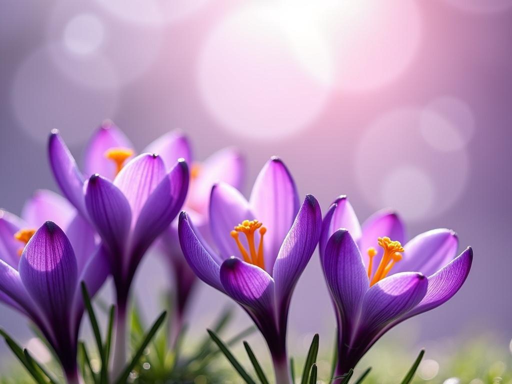 A beautiful arrangement of purple crocus flowers basking in soft light. The flowers are vividly colored with deep purple petals and bright orange stamens at their centers. They are surrounded by delicate green grass blades, adding a fresh touch. The background features a gentle gradient of purple hues, hinting at a dreamy atmosphere. Soft bokeh effects create a magical feeling, making the scene appear serene and peaceful. This image captures the essence of spring blooming, evoking feelings of beauty and tranquility.