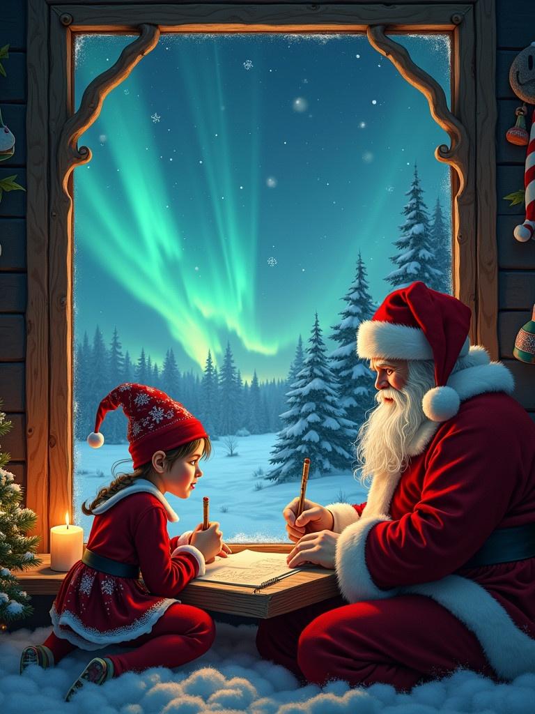 Scene of Santa and a child writing at a wooden table by the window. Northern lights shine in the night sky. Cozy winter setting with snow-covered trees. Holiday preparation for Christmas clearly depicted. Emphasis on warmth and festive cheer.