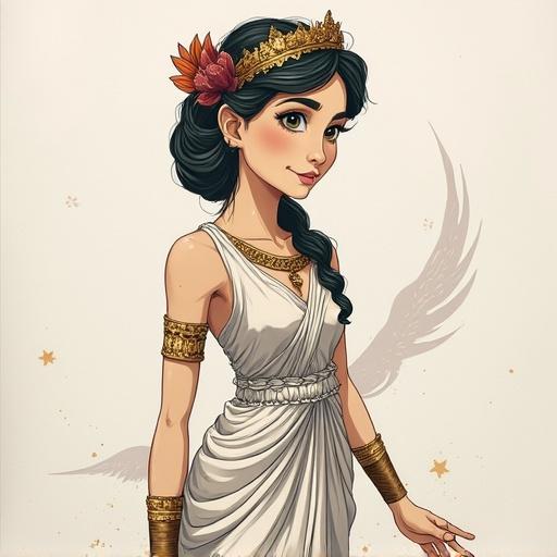 A character in a flowing white dress adorned with golden accessories. The character features a crown and has long hair braided elegantly. Wings are subtly illustrated in the background. A theme of wisdom and power is conveyed.