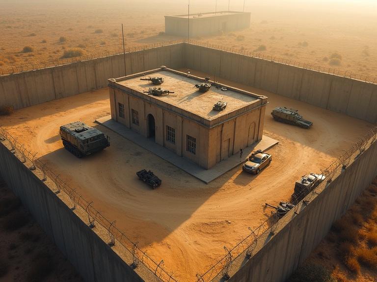 High-end image of a military garrison enclosed by tall concrete walls and barbed wire. Central building surrounded by tanks and vehicles. Aerial view of the scene emphasizing the dirt and golden colors. Several black chassis cars parked around.
