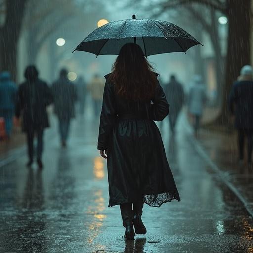 Woman walks in the rain under a black umbrella. She wears a long black coat. People walk in the background. Rain falls creating a wet street surface. Soft lighting and moody atmosphere.
