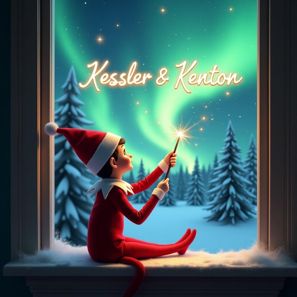 An adorable elf on the shelf sits on a window ledge. The elf uses a magical wand to create twinkling sparks. The background shows a stunning northern lights display. Snow-covered pine trees fill the winter wonderland. The elf wears a vibrant red outfit with white trim. The scene has a festive holiday feel. The elf writes 'Kessler & Kenton' in sparkling letters above.