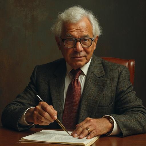 Elderly man with glasses sitting at a table. He is writing with a fountain pen on a notepad. Room has warm lighting and a wooden backdrop. The man has gray hair and wears a formal outfit with a tie. He appears serious and focused. 