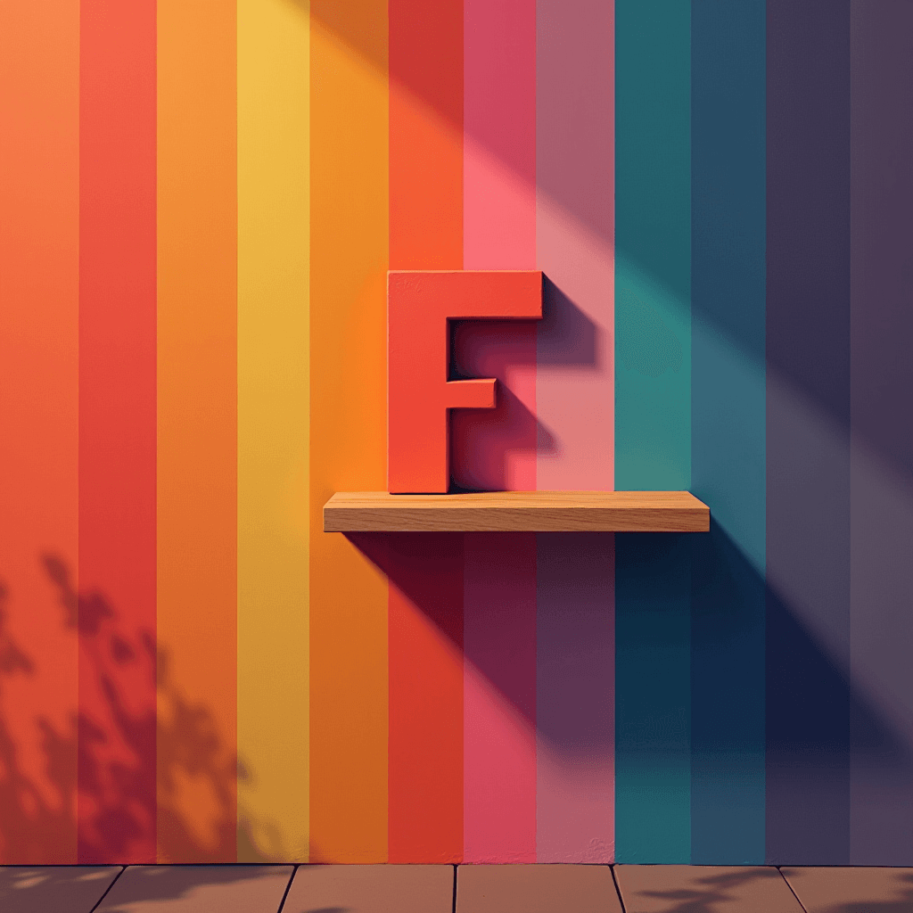 A large red letter 'F' sits on a wooden shelf against a backdrop of vertical colorful stripes.